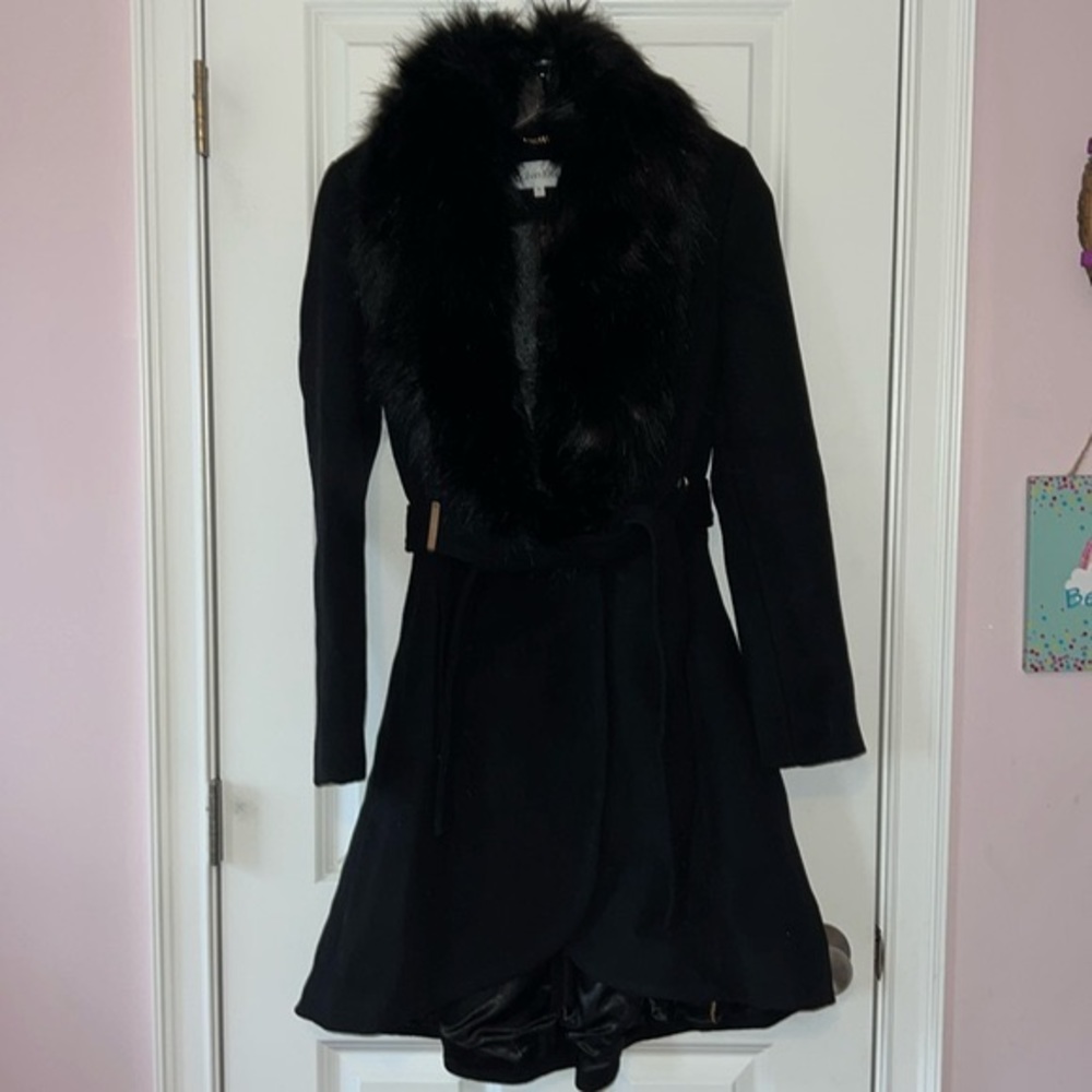 Calvin Klein Black Pea Coat with Fitted Waist and Flared Skirt